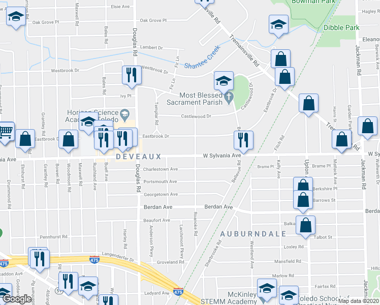 map of restaurants, bars, coffee shops, grocery stores, and more near 2310 West Sylvania Avenue in Toledo