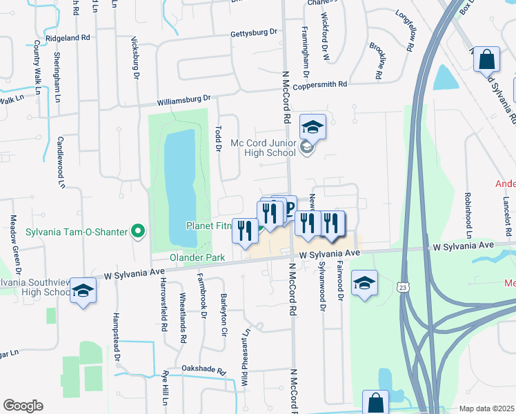 map of restaurants, bars, coffee shops, grocery stores, and more near 4133 Rodeo Drive in Sylvania