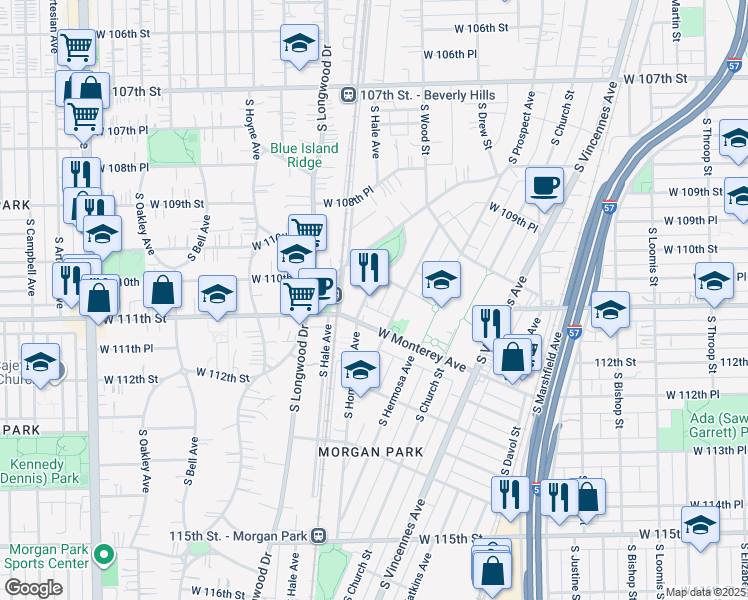 map of restaurants, bars, coffee shops, grocery stores, and more near 11055 South Homewood Avenue in Chicago