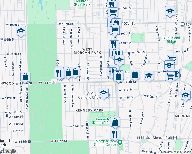 map of restaurants, bars, coffee shops, grocery stores, and more near 2505 West 110th Place in Chicago