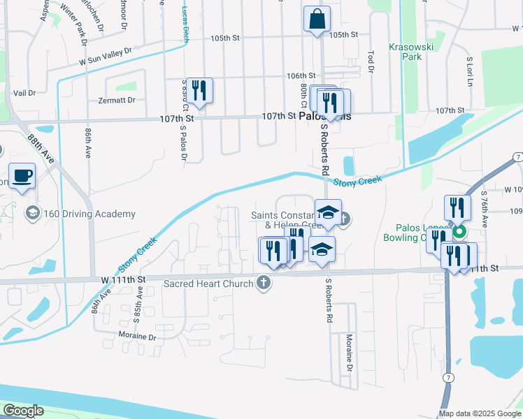 map of restaurants, bars, coffee shops, grocery stores, and more near 10928 Circle Drive in Palos Hills