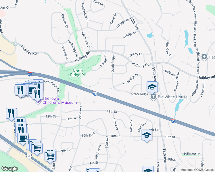 map of restaurants, bars, coffee shops, grocery stores, and more near 2022 Stratford Court in Coralville
