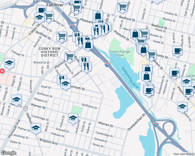 map of restaurants, bars, coffee shops, grocery stores, and more near 35 Lewiston Street in Fall River