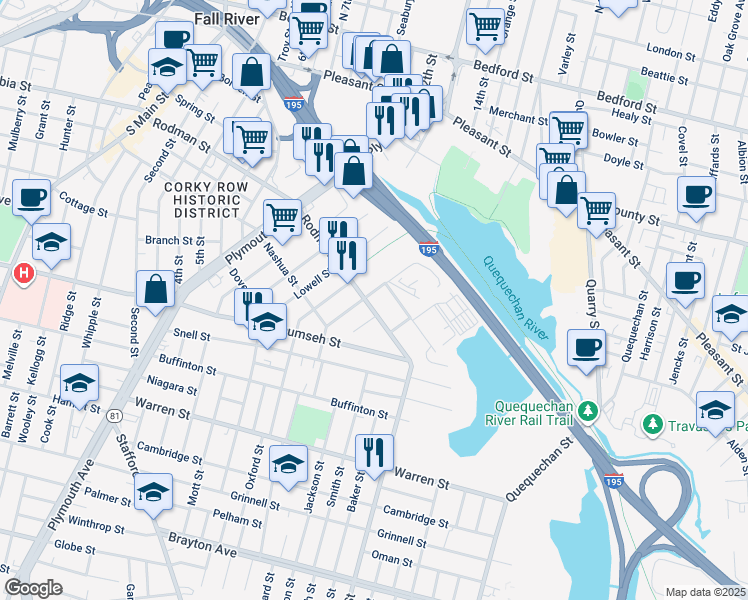 map of restaurants, bars, coffee shops, grocery stores, and more near 671 Rodman Street in Fall River