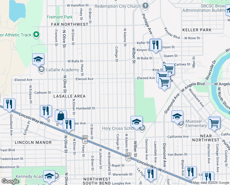 map of restaurants, bars, coffee shops, grocery stores, and more near 1313 College Street in South Bend