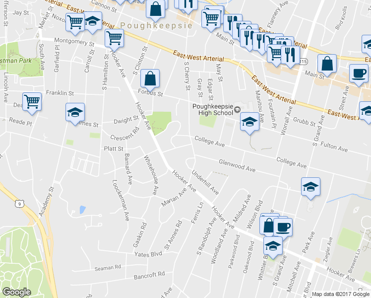 map of restaurants, bars, coffee shops, grocery stores, and more near 6 DeGarmo Place in Poughkeepsie