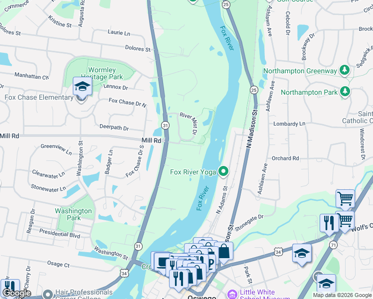 map of restaurants, bars, coffee shops, grocery stores, and more near 4754 Mill Road in Oswego