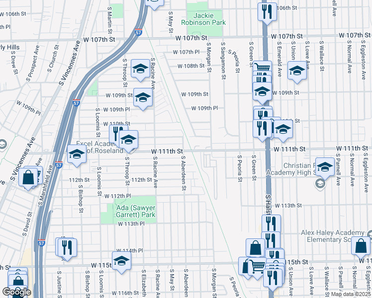 map of restaurants, bars, coffee shops, grocery stores, and more near 1052 West 111th Street in Chicago