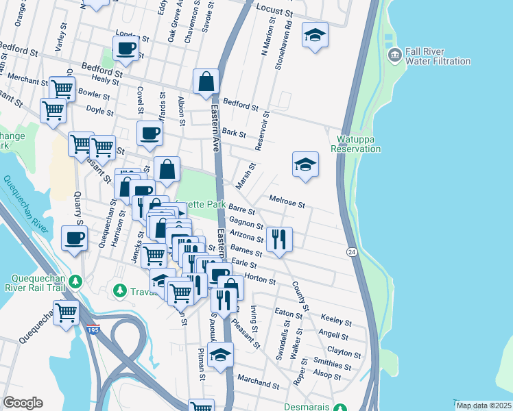 map of restaurants, bars, coffee shops, grocery stores, and more near 8 Concord Street in Fall River