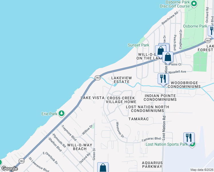 map of restaurants, bars, coffee shops, grocery stores, and more near 1240 Leeward Lane in Willoughby