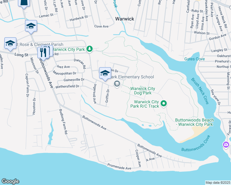map of restaurants, bars, coffee shops, grocery stores, and more near 40 Asylum Road in Warwick