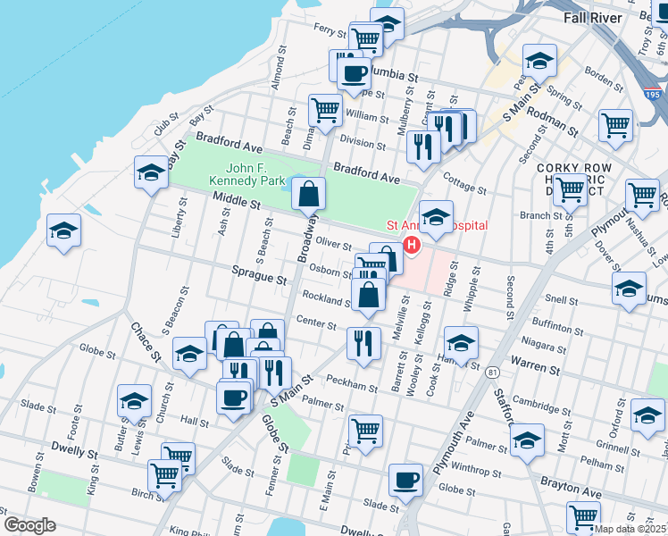 map of restaurants, bars, coffee shops, grocery stores, and more near 128 Osborn Street in Fall River