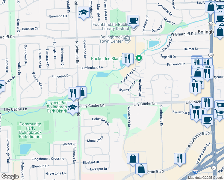 map of restaurants, bars, coffee shops, grocery stores, and more near 272 Canterbury Lane in Bolingbrook