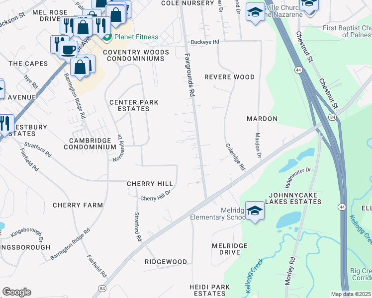 map of restaurants, bars, coffee shops, grocery stores, and more near 466 Fairgrounds Road in Painesville
