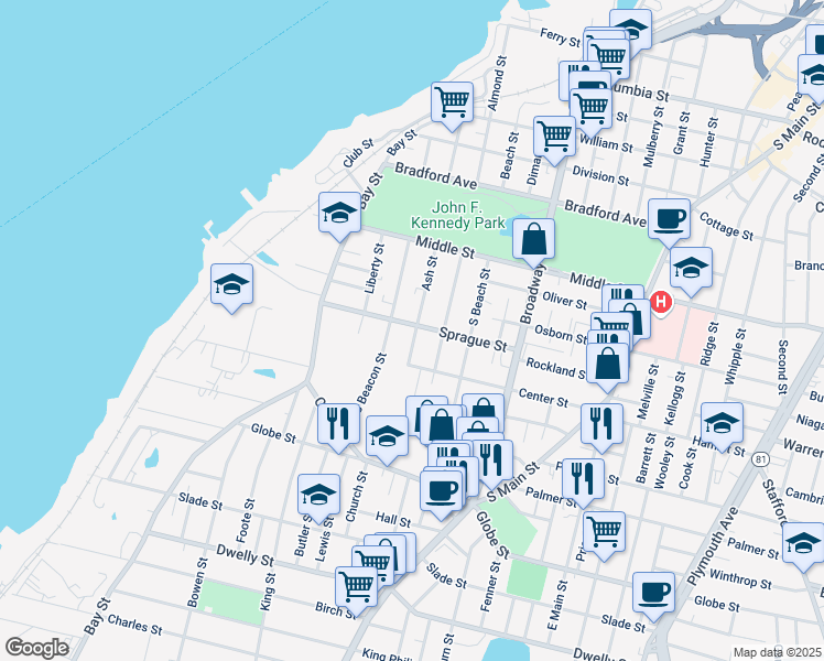 map of restaurants, bars, coffee shops, grocery stores, and more near 195 Sprague Street in Fall River