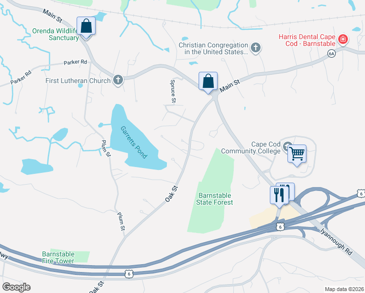 map of restaurants, bars, coffee shops, grocery stores, and more near 868 Oak Street in Barnstable