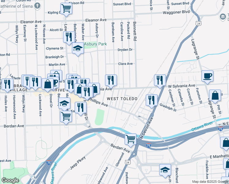 map of restaurants, bars, coffee shops, grocery stores, and more near 3854 Burnham Ave in Toledo