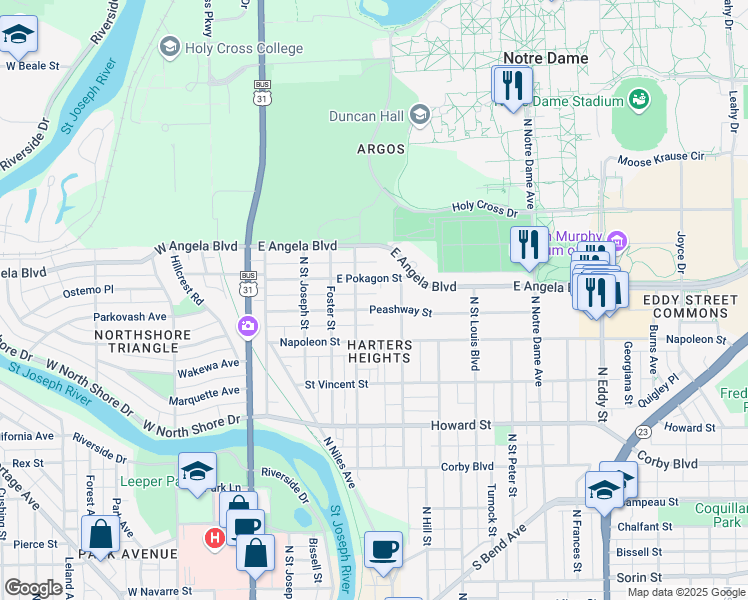 map of restaurants, bars, coffee shops, grocery stores, and more near 409 Peashway Street in South Bend