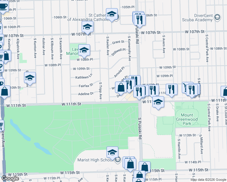 map of restaurants, bars, coffee shops, grocery stores, and more near 11015 South Keeler Avenue in Oak Lawn