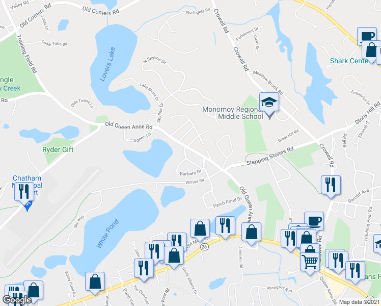 map of restaurants, bars, coffee shops, grocery stores, and more near 263 Old Queen Anne Road in Chatham
