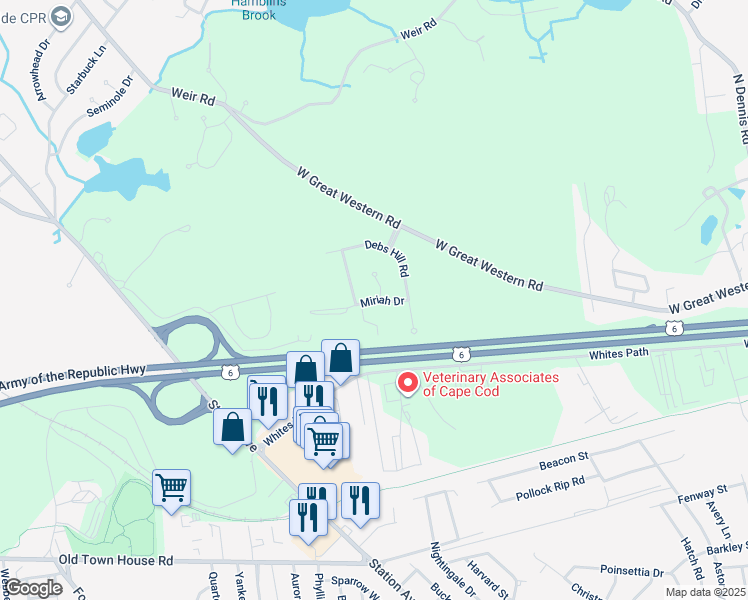 map of restaurants, bars, coffee shops, grocery stores, and more near Miriah Drive in Yarmouth
