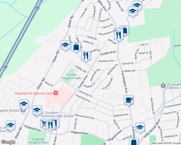map of restaurants, bars, coffee shops, grocery stores, and more near 2346 Corbin Avenue in New Britain