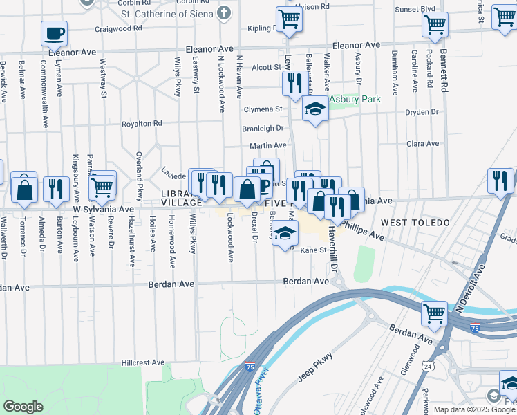 map of restaurants, bars, coffee shops, grocery stores, and more near 1121 West Sylvania Avenue in Toledo
