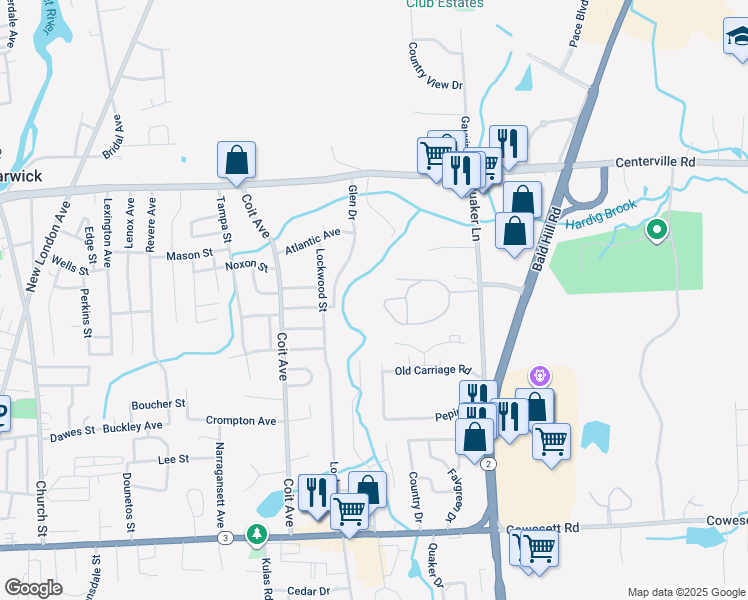 map of restaurants, bars, coffee shops, grocery stores, and more near 60 Trellis Drive in West Warwick