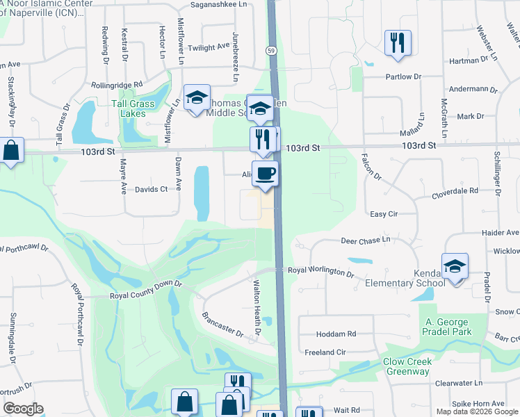 map of restaurants, bars, coffee shops, grocery stores, and more near 4199 Royal Mews Circle in Naperville