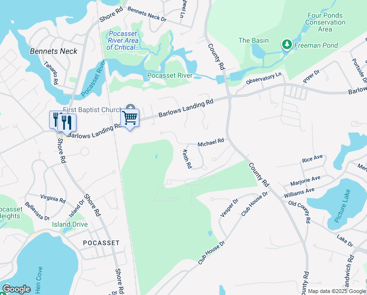 map of restaurants, bars, coffee shops, grocery stores, and more near 15 Michael Road in Bourne