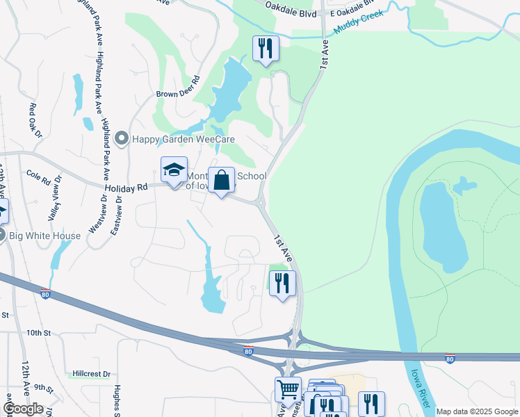 map of restaurants, bars, coffee shops, grocery stores, and more near Holiday Court in Coralville