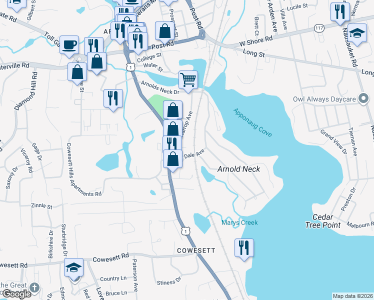 map of restaurants, bars, coffee shops, grocery stores, and more near 8 Matteson Avenue in Warwick