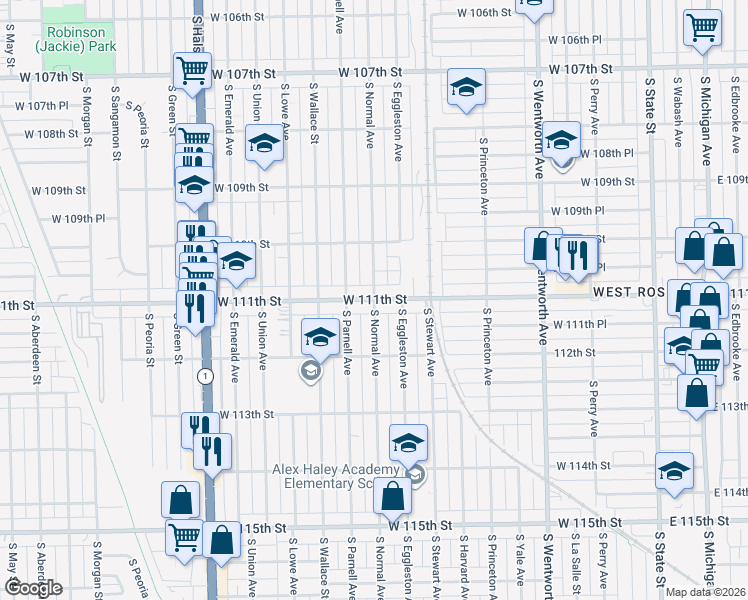 map of restaurants, bars, coffee shops, grocery stores, and more near South Normal Avenue & West 111th Street in Chicago