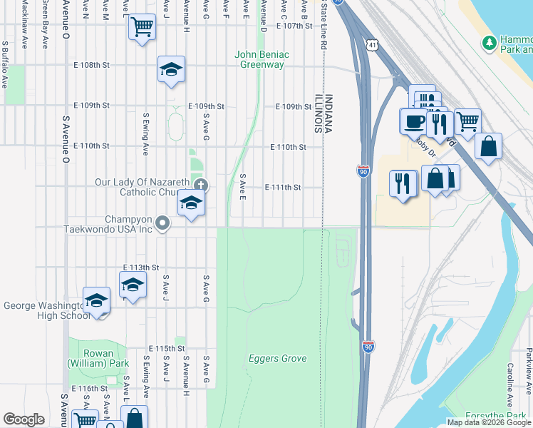 map of restaurants, bars, coffee shops, grocery stores, and more near 11141 South Avenue D in Chicago