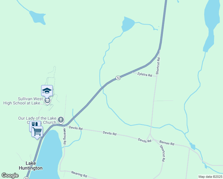 map of restaurants, bars, coffee shops, grocery stores, and more near 6485 New York 52 in Lake Huntington