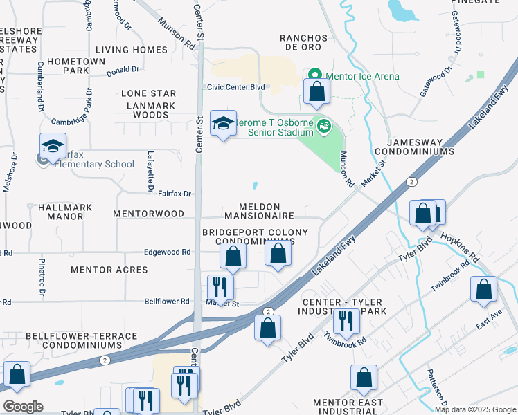 map of restaurants, bars, coffee shops, grocery stores, and more near 6573 Forbes Court in Mentor