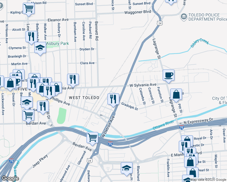 map of restaurants, bars, coffee shops, grocery stores, and more near 3938 Canada Southern Avenue in Toledo