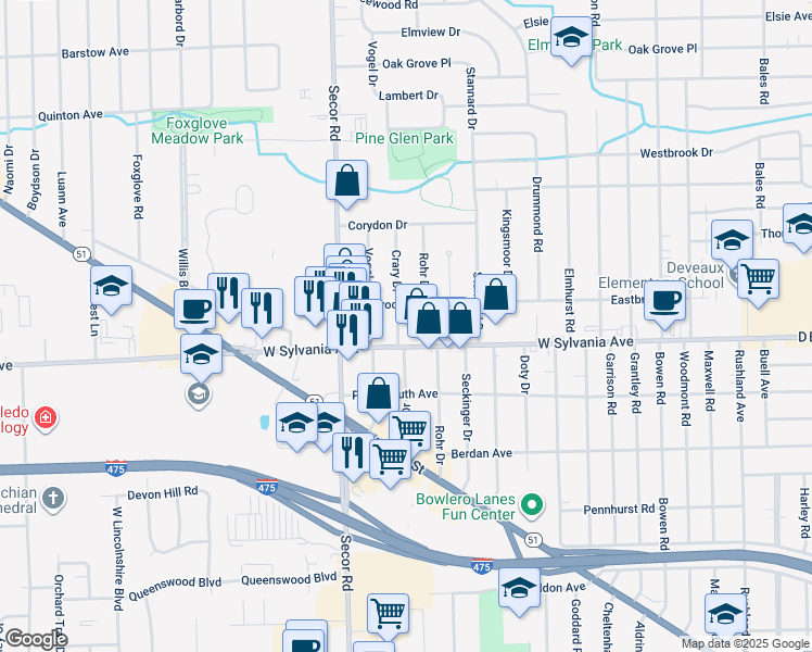 map of restaurants, bars, coffee shops, grocery stores, and more near 4018 Crary Drive in Toledo
