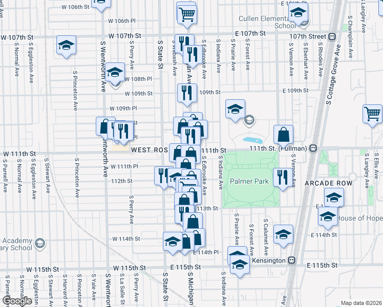 map of restaurants, bars, coffee shops, grocery stores, and more near 11101 South Michigan Avenue in Chicago