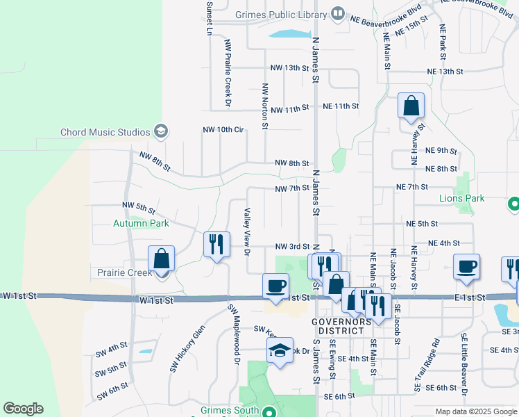 map of restaurants, bars, coffee shops, grocery stores, and more near 516 Northwest Calista Court in Grimes