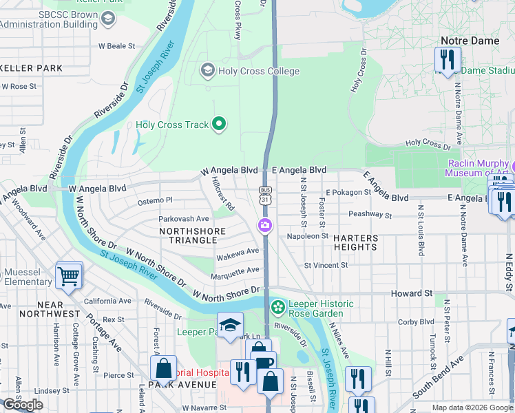 map of restaurants, bars, coffee shops, grocery stores, and more near 1301 North Michigan Street in South Bend