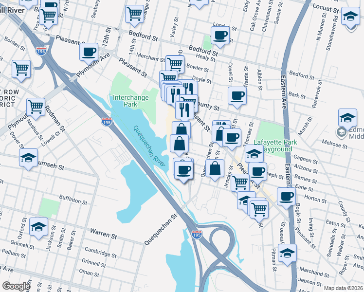 map of restaurants, bars, coffee shops, grocery stores, and more near 451 Quarry Street in Fall River