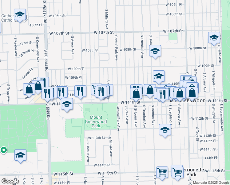 map of restaurants, bars, coffee shops, grocery stores, and more near 11024 South Central Park Avenue in Chicago