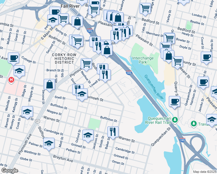 map of restaurants, bars, coffee shops, grocery stores, and more near 671 Rodman Street in Fall River