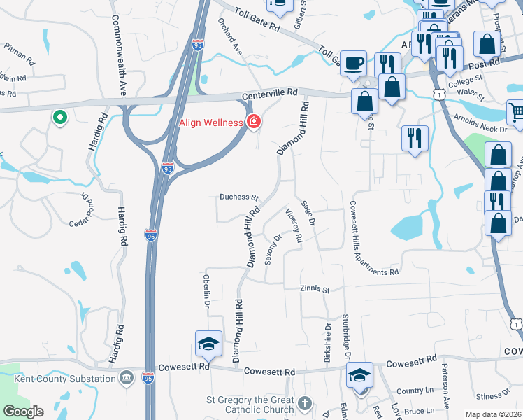map of restaurants, bars, coffee shops, grocery stores, and more near 220 Diamond Hill Road in Warwick