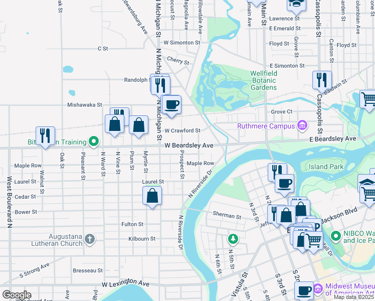 map of restaurants, bars, coffee shops, grocery stores, and more near 521 West Beardsley Avenue in Elkhart