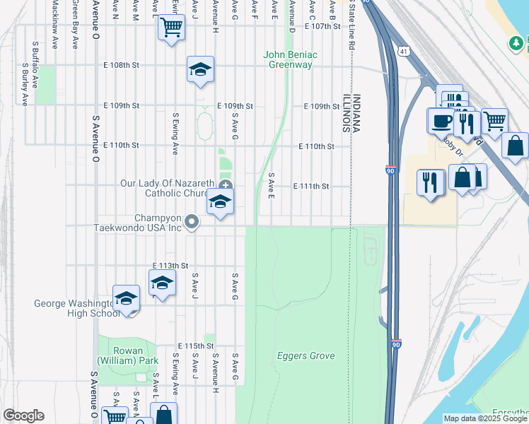 map of restaurants, bars, coffee shops, grocery stores, and more near 11138 S Ave East in Chicago