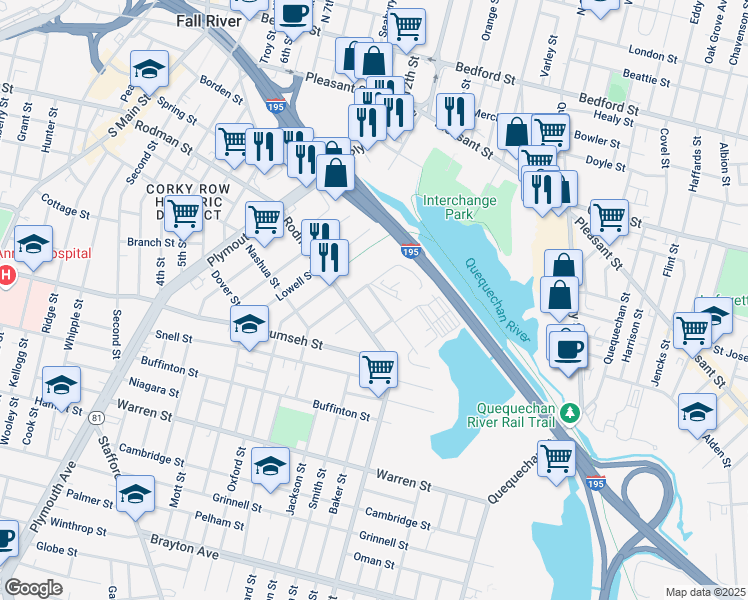 map of restaurants, bars, coffee shops, grocery stores, and more near 35 Lewiston Street in Fall River