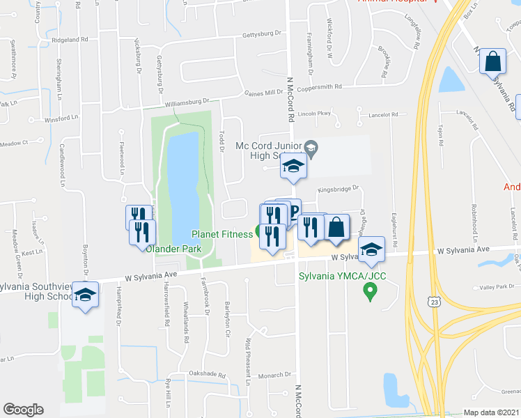 map of restaurants, bars, coffee shops, grocery stores, and more near 4133 Rodeo Dr in Sylvania