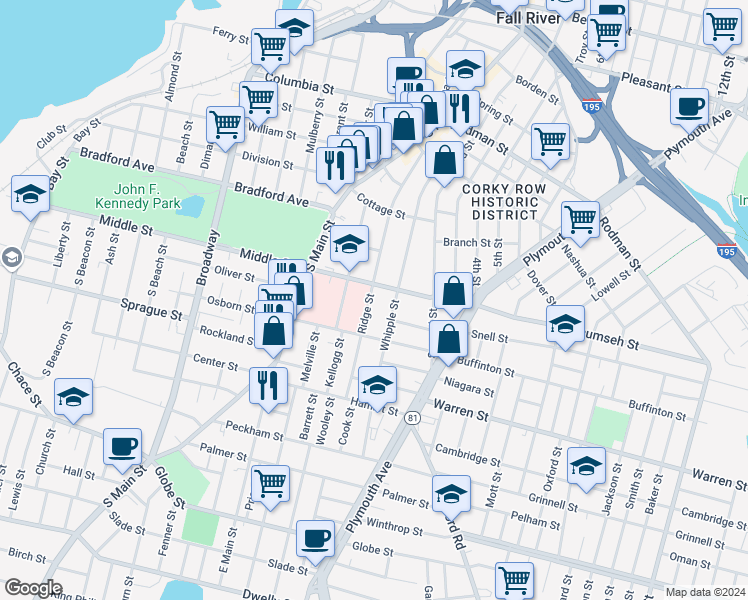 map of restaurants, bars, coffee shops, grocery stores, and more near 370 Ridge Street in Fall River
